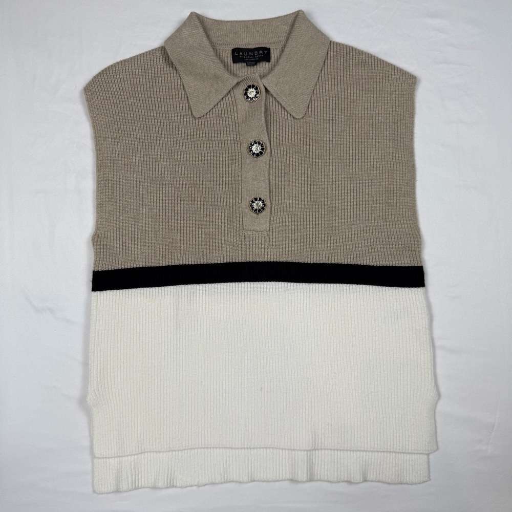 Laundry by Shelli Segal Ribbed Colorblock Sleeveless Sweater Jewel Button Small
